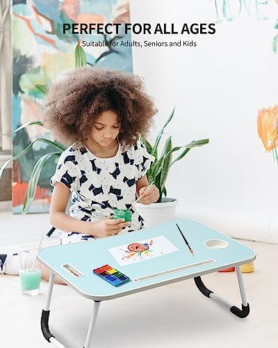 FISYOD Foldable Laptop Table, Portable Lap Desk Bed Table Tray, Laptop Stand with Cup Holder & Tablet Slot & Lifting Handle for Working Writing Drawing & Eating (Blue)