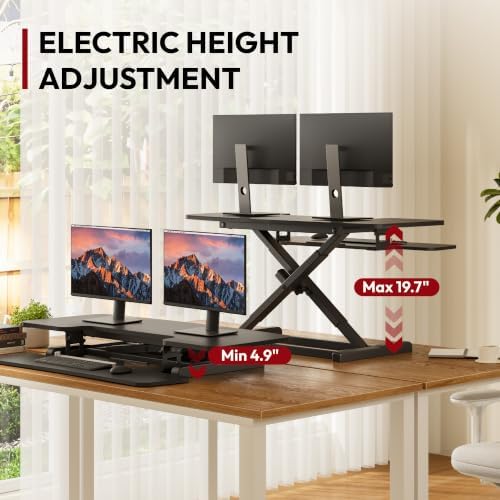 SANODESK 42" Electric Standing Desk Converter, Height Adjustable Riser for Office Home,Dual Monitor and Laptop Workstation with Large Keyboard Tray, Black Color