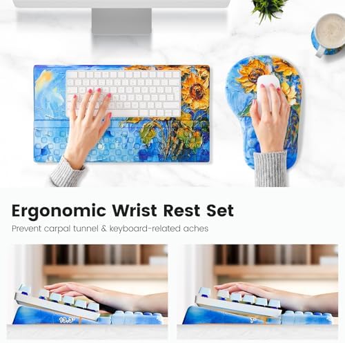 Ospelelf Ergonomic Mouse Pad and Keyboard Stand Wrist Rest Set, Memory Foam Comfort, Pain Relief for Typing, Office Desk Accessories, Sunflower
