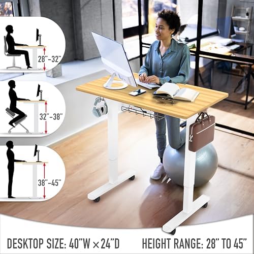 SHW Mobile Electric Height Adjustable Standing Desk w/Drawer, Walnut