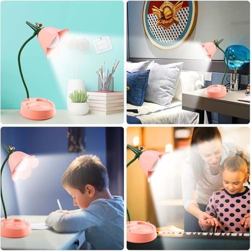Desk Lamp for Kid, Dimmable LED Table Lamp with 3 Colour Temperatures, Rechargeable Desk Lamp with Touch Sensor and Flexible Arm, USB Bedside Lamp for Reading, Learning, Working (Pink)