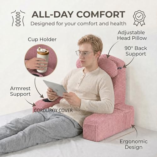 Reading Pillow for Adults, Back Pillow for Bed Sitting Up, Backrest Pillow for Sitting in Bed, Detachable Arms with Built-in Cup & Phone Caddy (Dusty Pink-Corduroy, 19 INCH)