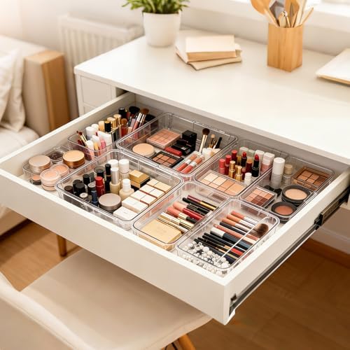 16 PCS Extendable Drawer Organizer Set Clear Stackable Vanity Storage Bins