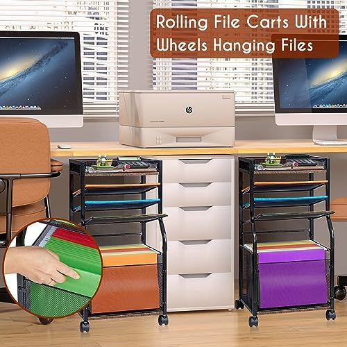 3IngSeagulls Rolling File Cart, 5-Tier Mobile Filing Cabinet on Lockable Wheels, Under Desk Storage, Mesh Sliding Hanging Folder, Office Storage & Organization Cabinet for Office, Home, and School