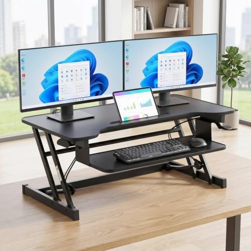 FDW 35 Inch Standing Desk Converter Computer Workstation Adjustable Height Desk Home Office Desk Sit Stand Desk Dual Laptop Monitor Riser (Black)