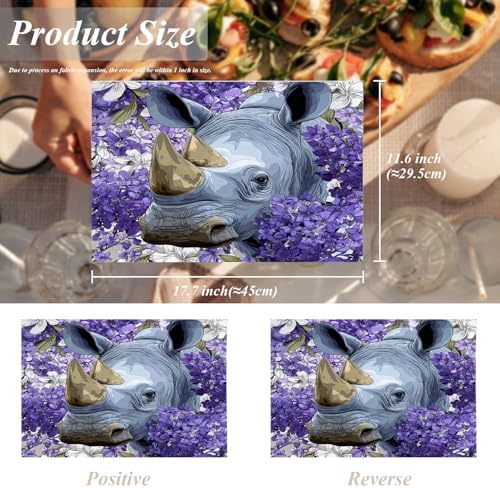 Shrahala Wild Rhinoceros Set of 4 12 X 18 Inch Linen Placemats, in Purple Flowers Burlap Table Mat Washable Double Layered Heat Insulation for Indoor/Outdoor