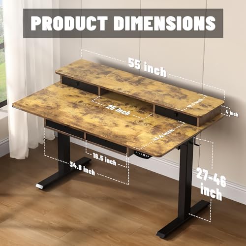 55 * 30 Inches Electric Standing Widened Desk Adjustable Height with 4 Drawers, Double Storage Shelves Stand Up Desk, Home Office Workstation Sit Stand up Desk (Rustic Brown)