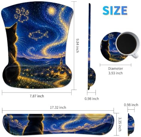 3-in-1 Ergonomic Memory Foam Keyboard Wrist Rest Pad Set, Constellation Cat
