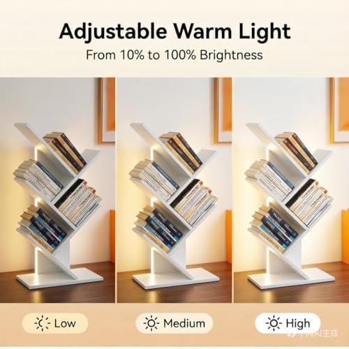 Godferyxin Small Bookshelf with Liting,5-Tier Desktop White Bookshelf LED