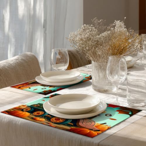 Shrahala Autumn Pumpkin Harvest Set of 8 12 X 18 Inch Linen Placemats, Trucks Rice Paddies Cartoons Art Burlap Table Mat Washable Double Layered Heat Insulation for Indoor