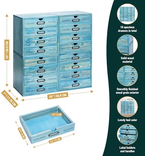 4-Pack Turquoise Countertop Organizer Drawers - Stackable 4-Drawer Mini Filing Cabinets for Desktop - 9.7x7x10in European Country Style Storage Drawers w/Label Holders, Fully Assembled