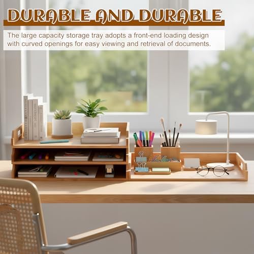 AceOrbit 4 Pcs Stackable Paper Tray Bamboo Wood Desk Organizer Letter Tray