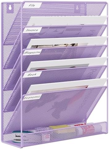 EasyPAG 5 Tier Wall File Holder, Mesh Hanging Folder Organizer with Classify Label, Versatile Desk File Holder, Vertical Wall Mounted Mail Organizer for Office Home Cubicle, Purple