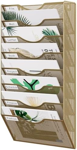 EasyPAG 8 Pocket Mesh Wall File Organizer, Hanging Paper Folder Holder with Classify Label, Vertical Wall Mount Mail Organizer for Office Home Classroom, Gold