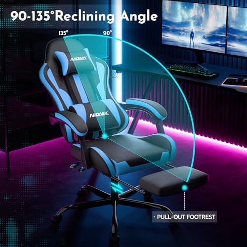 Gaming Chair, Ergonomic Computer Chair with Footrest and Lumbar Support, Height Adjustable Game Chair with 360°-Swivel Seat and Headrest and for Office or Gaming BlackBlue