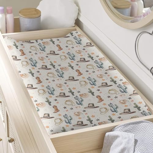 Western Theme Baby Changing Pad Cover,Unisex West Cactus Hats Stars Nursery Diaper Changing Table Pad Mat Sheet for Boys Girls-16x32