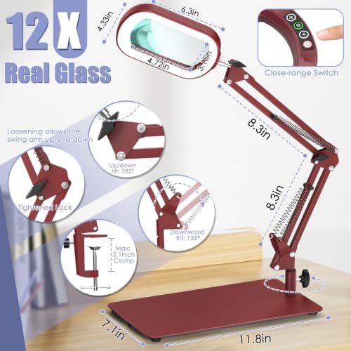Drdefi 12X Square Magnifying Glass with Light and Stand, Real Glass LED Lighted Magnifier, 5 Color Modes Stepless Dimmable, Hands-Free Mag Desk Lamp with Clamp for Reading Craft Hobby Close Work Red
