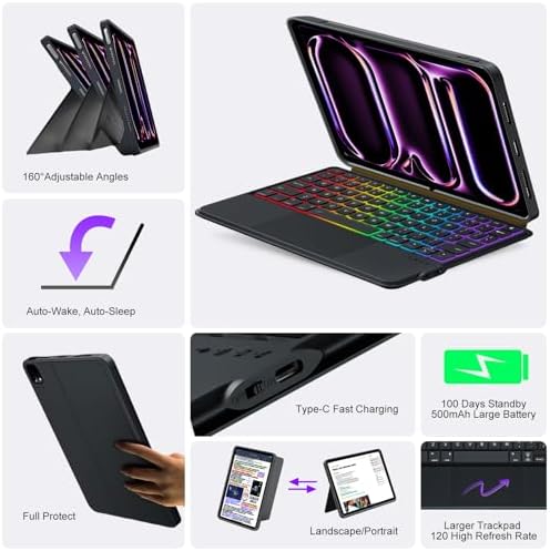 iPad Pro 13 inch Case with Keyboard (M5 2025, M4 2024), Flex Magnetic Detachable Backlit Keyboard Case, Larger Multi-Trackpad, Landscape/Portrait, 160° Adjustable Stand, Slim Protective Case (Black)
