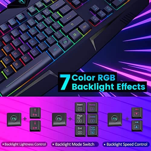 Gaming Keyboard, Full Size RGB Backlit Quiet Computer Keyboard, Wrist Rest, Silent Keys, Multimedia Keys, Anti-ghosting, Waterproof Light Up USB Wired Keyboard for PC Mac Xbox Gamer Office