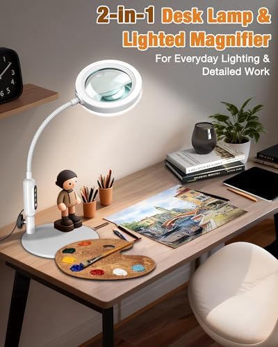 30X 10X Magnifying Glass with Light and Stand, 5 Color Modes Stepless Dimmable, Optical Grade HD Lens, LED Lighted Magnifier Hands Free with 16in Flexible Gooseneck for Close Work - White