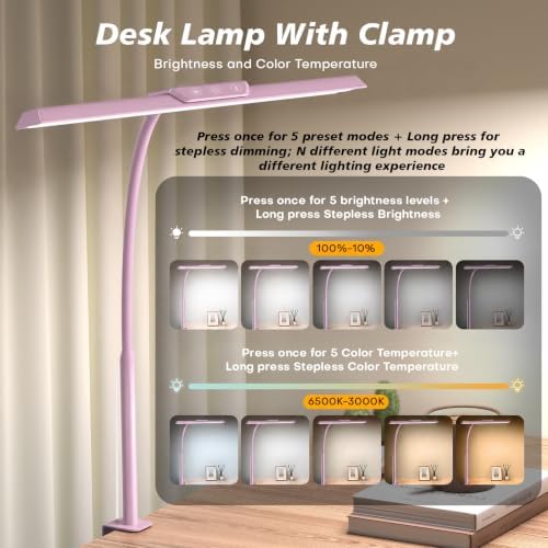 MOICO LED Desk Lamp with Clamp for Office Home-(Pink, 12.8in)