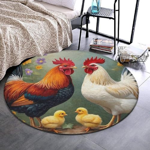 Highly Premium Quality Floor Mat, Office Chair Decor Mat, Room Sofa Yoga Soft Round Carpet Chicken Rooster Garden Sunflowers Painting, 36inch
