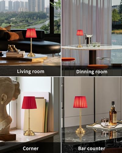 KDG Gold Cordless LED Table Lamps Set of 2, Red Fabric Shade Desk Lamps