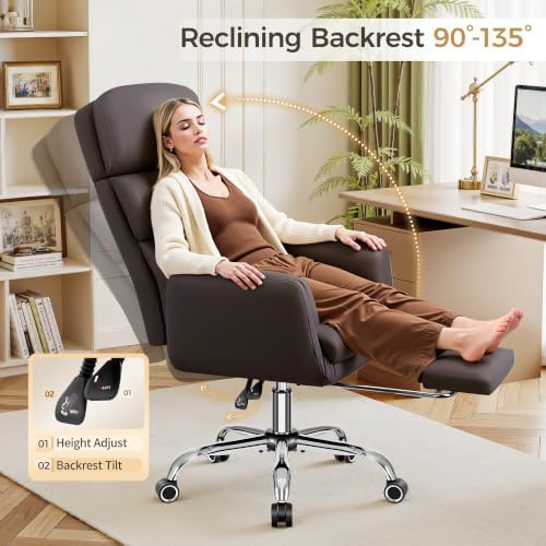 Big and Tall Office Chair 500LBS, Ergonomic High Back Leather Executive Chair, Reclining Swivel with Adjustable Armrests Lumbar Support Footrest, Cross Legged, Coffee
