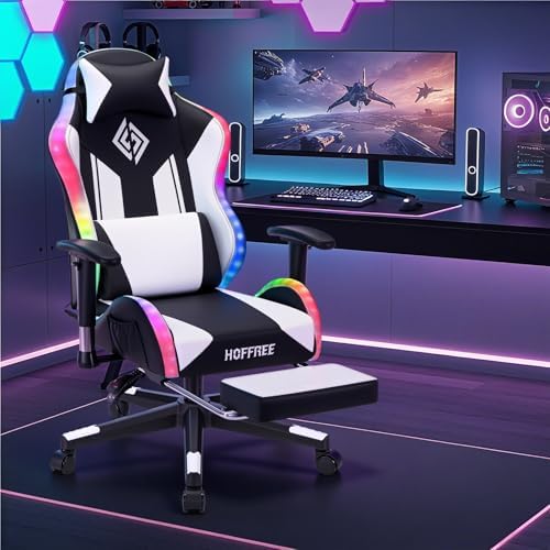 HOFFREE RGB Gaming Chair for Kids LED Computer Chair 155°Recliner-White