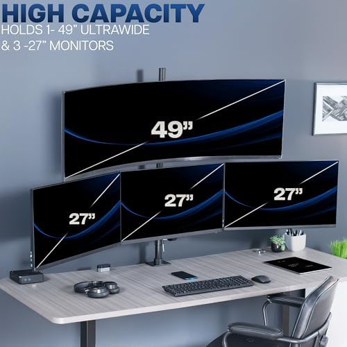 VIVO Quad Monitor Extra Tall Desk Mount for up to 49 inch Ultrawides on Top Bracket and 27 inch Screens on Lower Brackets, Holds up to 44 lbs, Black, STAND-V104T