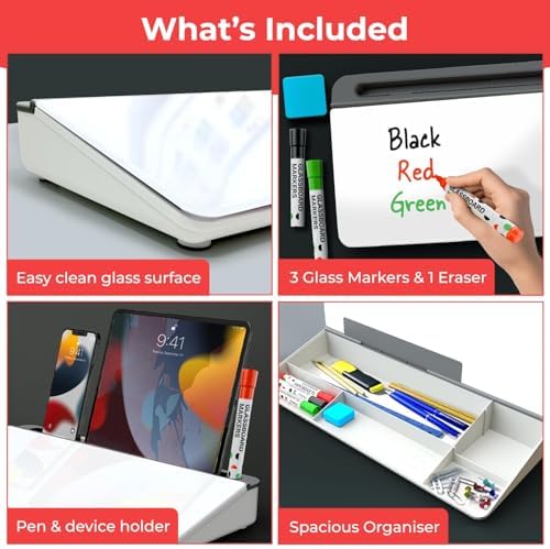 Chalkola Glass Desktop Whiteboard with Storage, Desk Dry Erase Board Buddy