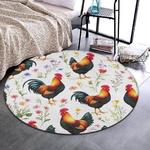 Women's Large Home Decor Mat, Soft Round Yoga Carpet, Non Slip Machine Washable Home Office Circle Rug Floral Flowers Chickens