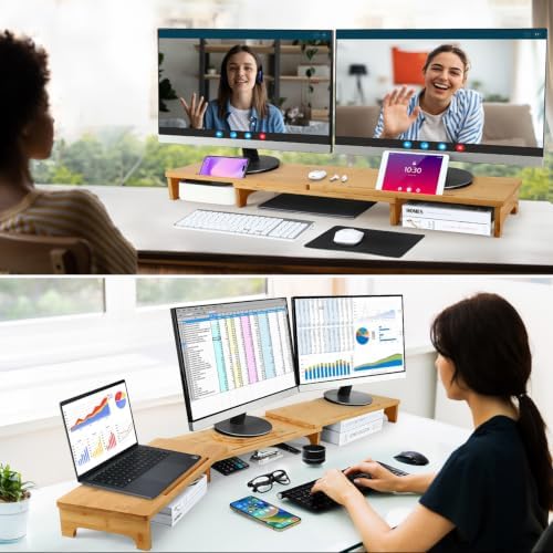 Nnewvante Monitor Stand Riser 60 inch Bamboo Dual Monitor Stand for Desk