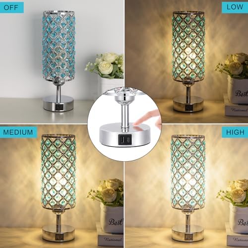 Blue Crystal Bedside Lamp, Nightstand Lamp for Bedroom (Bulb included)