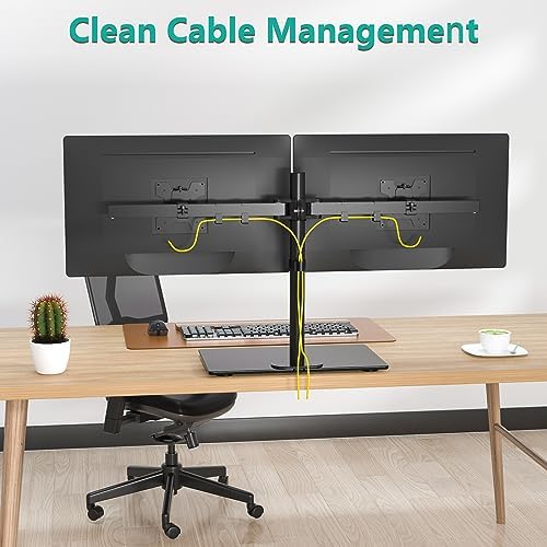 WALI Free Standing Dual Monitor Stand, Height Adjustable Monitor Mount with Glass Base, Fits LCD LED Flat Curved Screen up to 27 inch, 22lbs, with Grommet Base (GMF002)