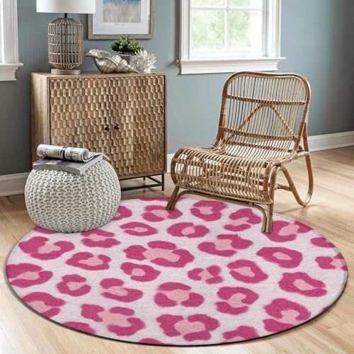 Fashion Round Area Rug Large Non Slip Carpet, Pink Leopard Print Unisex Home Decor Mat