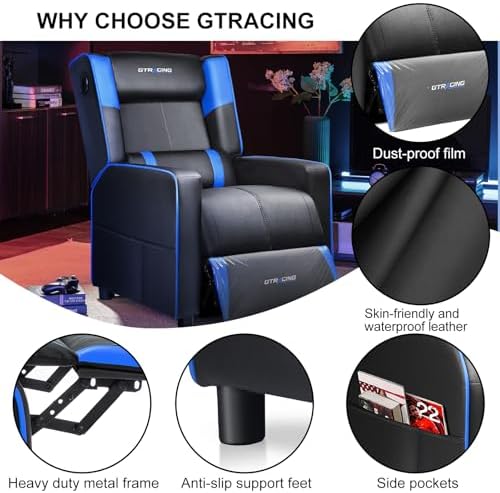 GTRACING Gaming Recliner Chair with Bluetooth Speakers Racing Style Single Gaming Sofa Modern Living Room Recliners Ergonomic Comfortable Massage Home Theater Seating, Blue