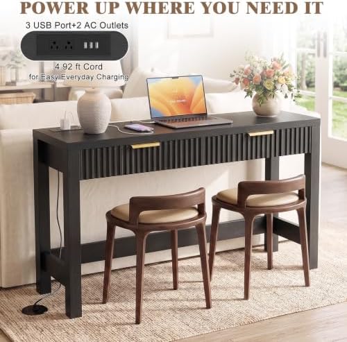 Cyclysio 47" Console Table with Charging Station & 2 Fluted Drawers