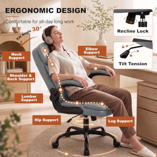 Leather Office Chair, Computer Desk Chair with Dual Back Support