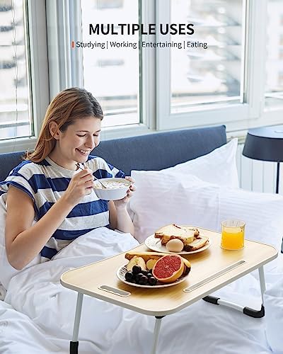 FISYOD Foldable Laptop Table, Portable Lap Desk Bed Table Tray, Laptop Stand with Cup Holder & Tablet Slot & Lifting Handle for Working Writing Drawing & Eating (Wood)