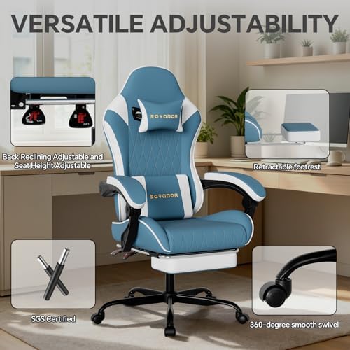 Breathable Fabric Gaming Chair with Footrest, Ergonomic High Back Computer Chair with Gold Diamond Stitching, Height Adjustable Swivel Office Chair with Lumbar Support for Adults,Bluewhite