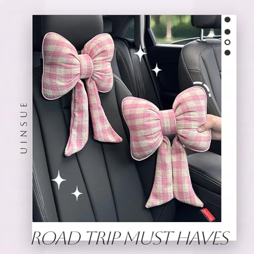 2PCS Chic Car Headrests with Bow-Shaped Cotton Linen Bowknot Neck Pillows for Cozy Road Trip & Cute Interior Decoration (Pink Plaid)