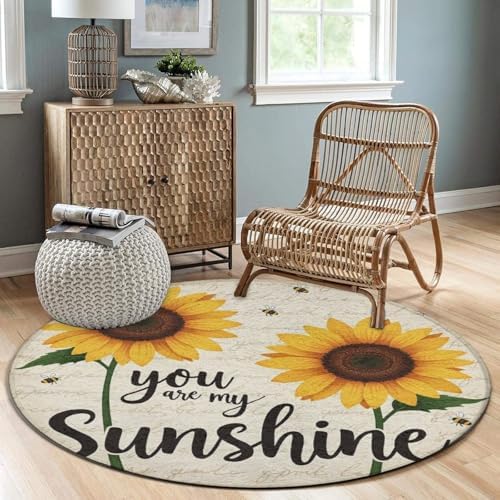 Large Machine Washable Circular Rugs, Home Decor Round Mat for Living Room Sofa Office You are My Sunshine Bees Sunflowers Print