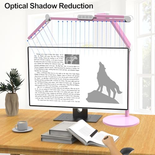 Micomlan Led Desk Lamp with Base, Adjustable Tall Architect Desk Light for Home Office with Flexible Swing Arm, 24W Pink Bright Table Lamp Auto Dimming Computer Light for Workbench