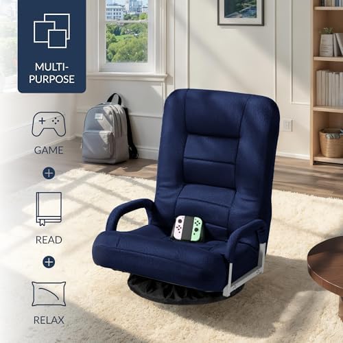 Best Choice Products Swivel Gaming Chair 360 Degree Multipurpose Floor Chair Rocker for TV, Reading, Playing Video Games w/Lumbar Support, Armrest Handles, Adjustable Foldable Backrest - Navy