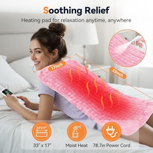 Heating Pad for Back Pain, 17"x33" Electric Heat Pad with 9 Heat Levels & 4 Auto-Off Timers, Portable Heating Pad for Period Cramps, Shoulder, Neck, Machine Washable, Gifts for Women Men, Pink