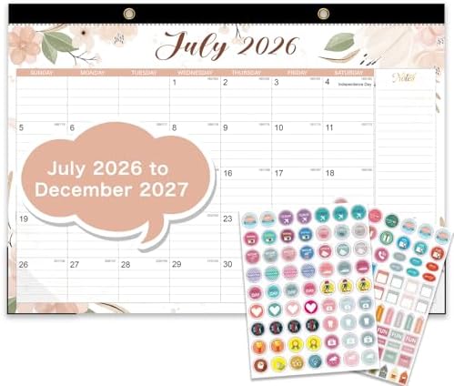2026-2027 Desk Calendar - 18 Month Desk Calendar 2026-2027, Jul 2026 - Dec 2027, 17" x 12", Large Monthly Desktop Calendar with Daily Blocks, Thick Paper, Corner Protectors - Floral (2 Stickers Included)