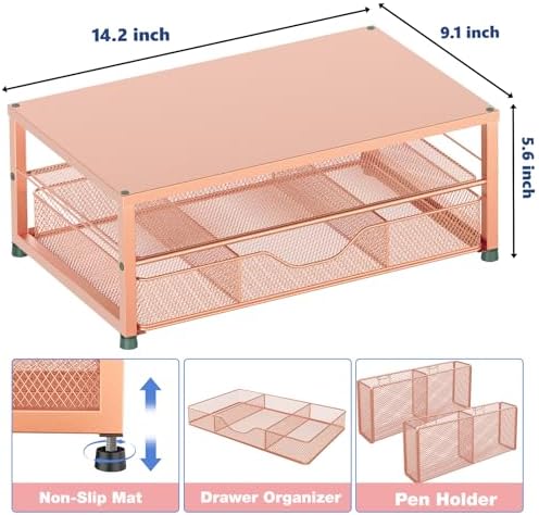 OPNICE Desk Organizers and Accessories, Computer Monitor Stand Riser with Drawer and 2 Pen Holders, Printer & Laptop Stand, Office Desk Accessories & Workspace Organizers for Home Office Supplies, Rose Gold