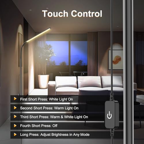 15W Floor Lamp with Touch Control Adjustable Brightness 3500K-7000K 360° Gooseneck LED Floor Lamps Eye-Caring Floor Lamp for Living Room, Bedroom & Office Stepless Dimming Standing Lamp