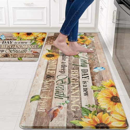 Likiyol Sunflower Kitchen Rugs Set of 2 Farmhouse Kitchen Mats for Floor Anti Fatigue Mats for Kitchen Floor, Butterfly Floral Kitchen Rugs Non Slip Washable Kitchen Floor Mats, 18''x 30''+18''x 48''